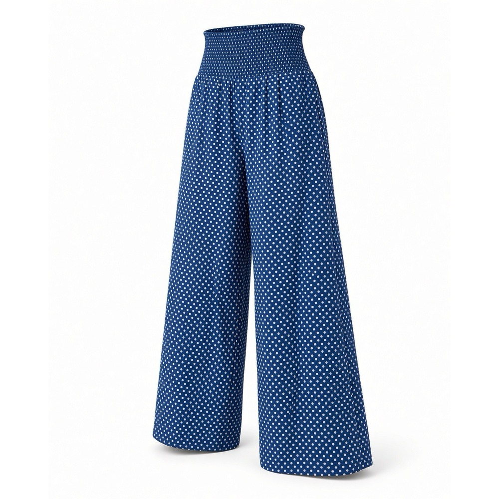 Angie S Blue White Polka Dot Smocked Wide Leg Palazzo Pants Rayon Boho